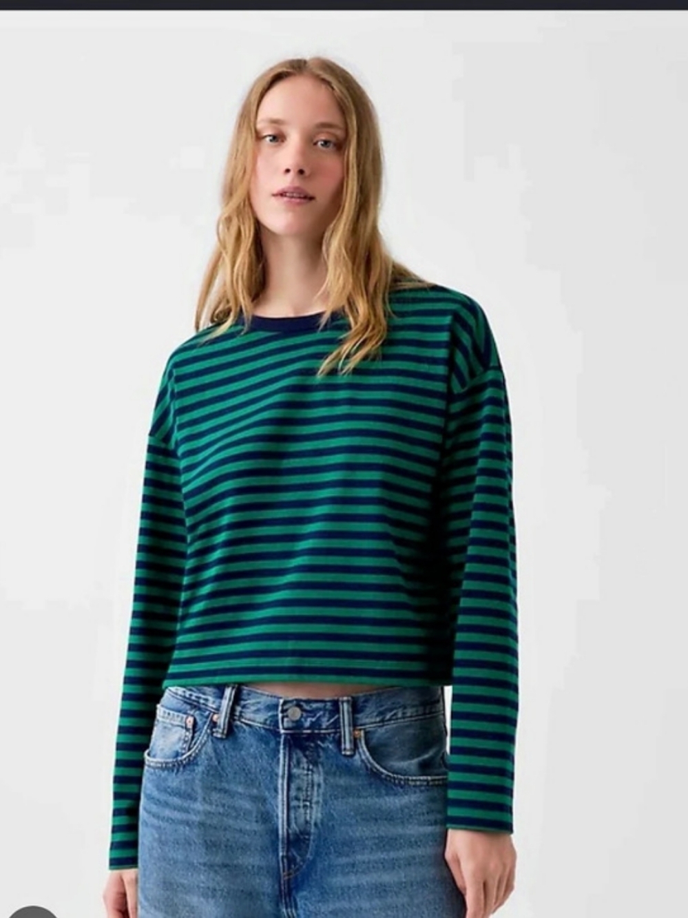 Gap Green and Navy Striped Long Sleeve Tee, Medium
